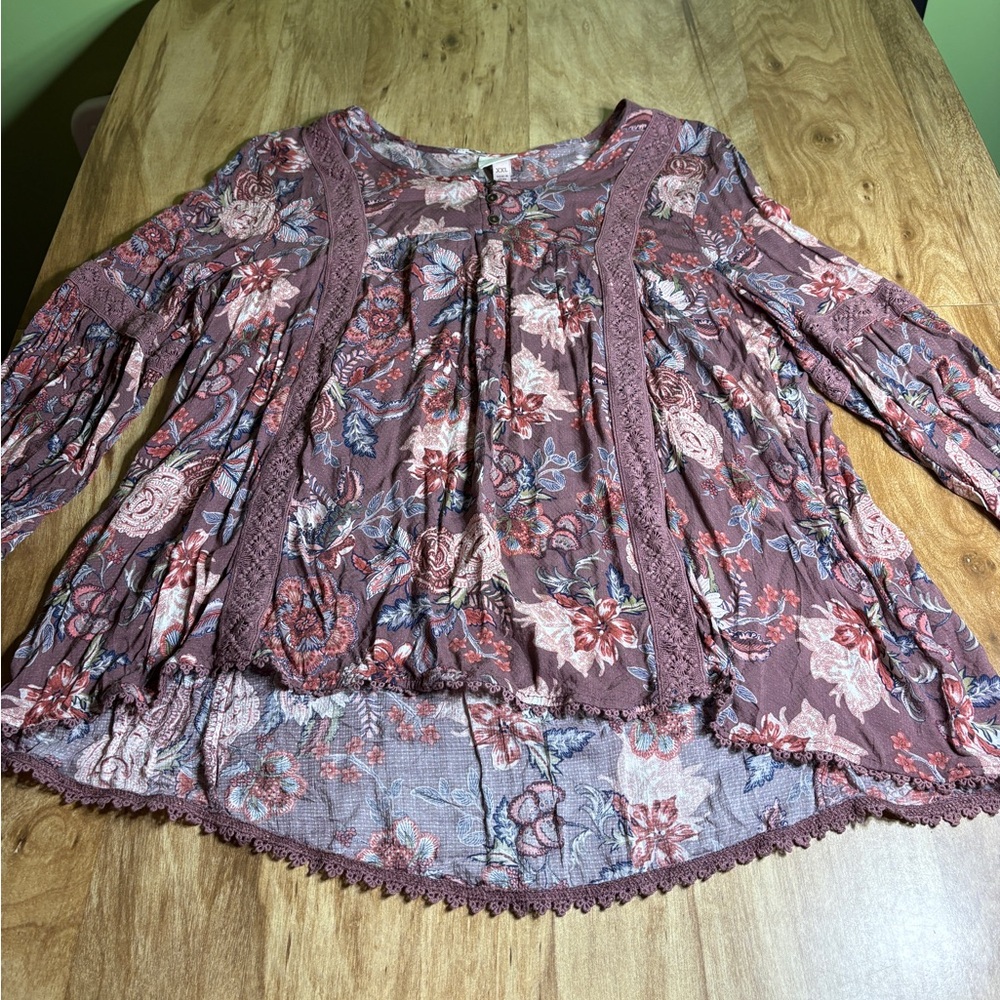 Knox Rose Purple Floral Long Sleeve Peasant Stretch Top Womens Size XXL